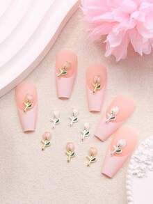 20 pièces/paquet Accessoires de nail art en forme de fleur de tulipe, décorations d'ongles en alliage, autocollants pour ongles roses et blancs, convient pour les fournitures de nail art - Multicolore - Voir 6