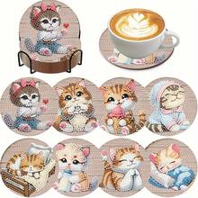 8件套猫咪钻石画杯垫套装，圆形亮面钻石，强力背胶，工具齐全，适合初学者，减压手工，新年、情人节、圣诞节、教师节礼物，家居装饰杯垫，送给家人、朋友、女朋友、老师 - 彩色 - 查看 2