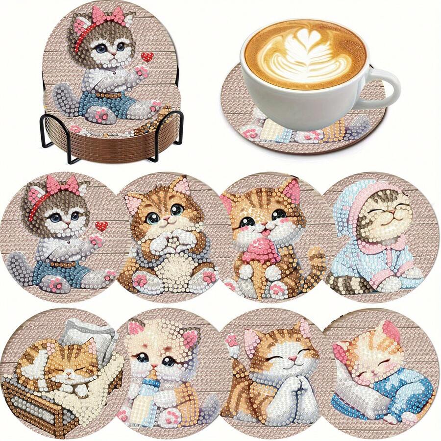 8件套猫咪钻石画杯垫套装，圆形亮面钻石，强力背胶，工具齐全，适合初学者，减压手工，新年、情人节、圣诞节、教师节礼物，家居装饰杯垫，送给家人、朋友、女朋友、老师