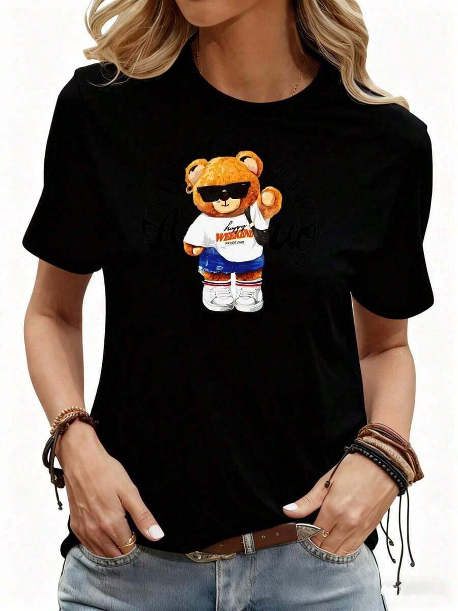 Women's Bear Print T-Shirt, Casual Black Cotton Top With Sunglasses And Sport Design, Fashionable Summer T-Shirt, Women's Blouses Shirt - 黑色 - 查看 1