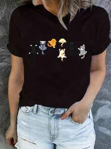 Under The Radar Women's Cute Cat Print T-Shirt - Soft Blend, Crew Neck, Short Sleeve, Casual T-Shirt With Adorable Cartoon Cat Design, Playful Graphic Top For Spring/Summer Outfits - 100% Cotton - Vintage Street Style Unisex Loose Cotton Short Sleeve Crew Neck T-Shirt - 黑色 - 查看 7