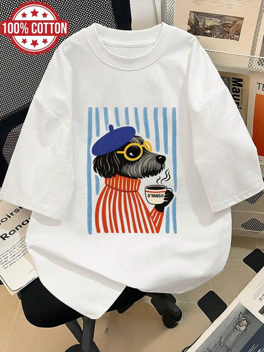 Women's Spring Summer Clothing, Retro Style Beret, Coffee Print D'YANGO, Loose Short Sleeve T-Shirt With Round Neck And Drop Shoulders - 白色 - 查看 1