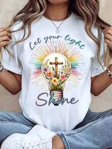 Women's 100% Cotton Crew Neck Short-Sleeve T-Shirt With A Relaxed Fit, Perfect For Everyday Summer Wear. This Women's Crew Neck T-Shirt Features A Lightbulb, Cross, And Flower Print With The Slogan "Let Your Light Shine." It's A Casual Short-Sleeve Top Suitable For Everyday Wear, Religious Events, Summer Outfits, And Vacations. This Stylish, Breathable, And Soft Cotton Crew Neck Short-Sleeve T-Shirt Is Made Of Pure Cotton. - 白色 - 查看 1