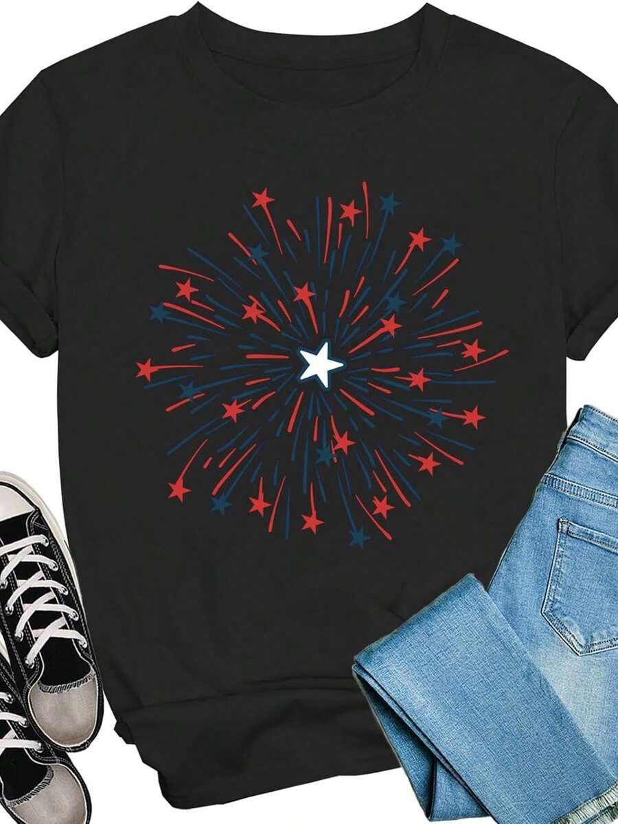 1 Women's T-Shirt With American Flag, Patriotic American Fireworks Print, Short Sleeve, 4th Of July Theme, Independence Day, 180g 100% Cotton. - 黑色 - 查看 1