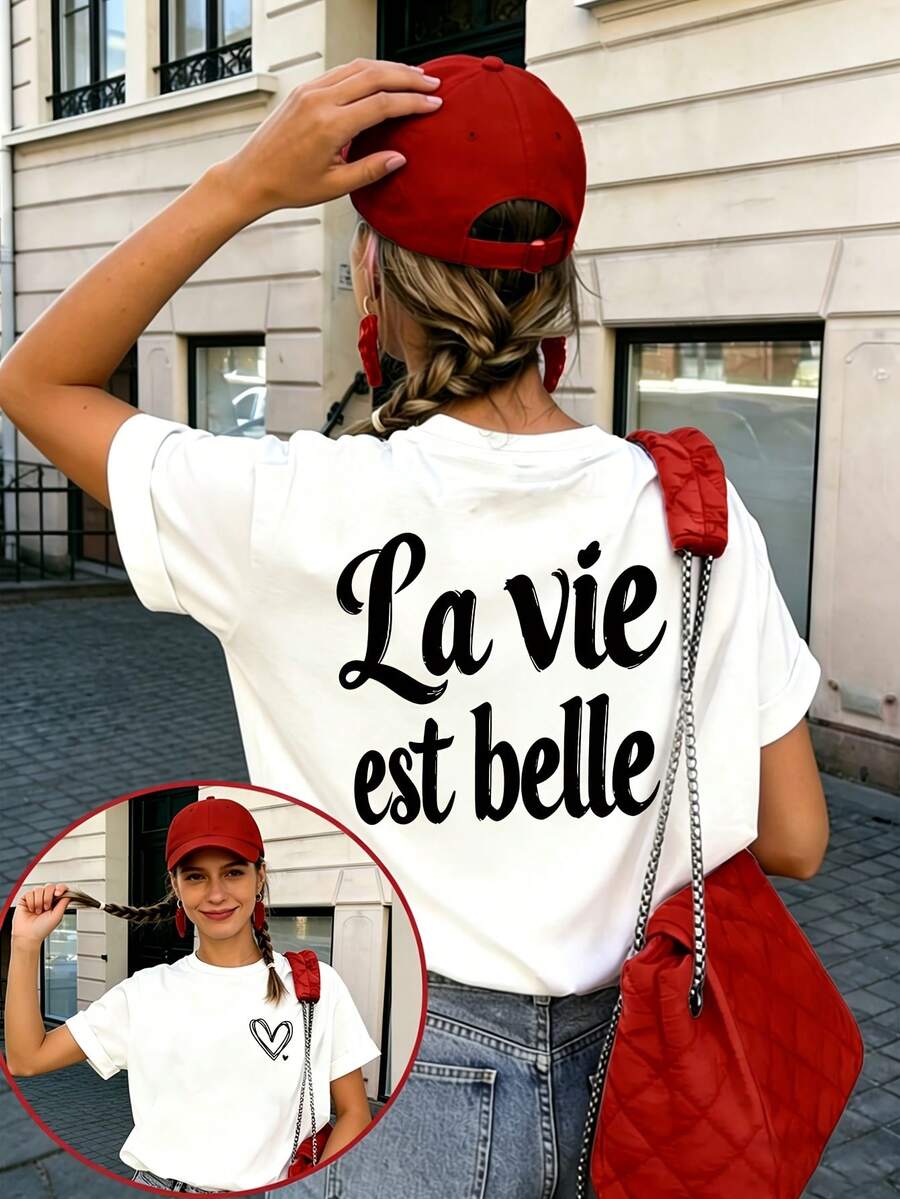 Made Of Cotton And Printed With The Phrase "La Vida Hermosa" (Beautiful Life), This Crew Neck T-Shirt Is A Spring/Summer Style For Women, With A Loose, Sweet, And Cute Design. A Modern And Simple T-Shirt With An Urban Style, This Short-Sleeved Women's T-Shirt Is Made Of Lightweight And Breathable Fabric. QFGP - 白色2 - 查看 1