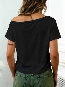 Camiseta casual de uso diario con hombro asimétrico de unicolor para mujer - Negro - Ver 2