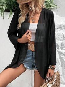 Chaqueta ligera y transparente de manga acampanada de unicolor casual de vacaciones EARO para primavera - Negro - Ver 4
