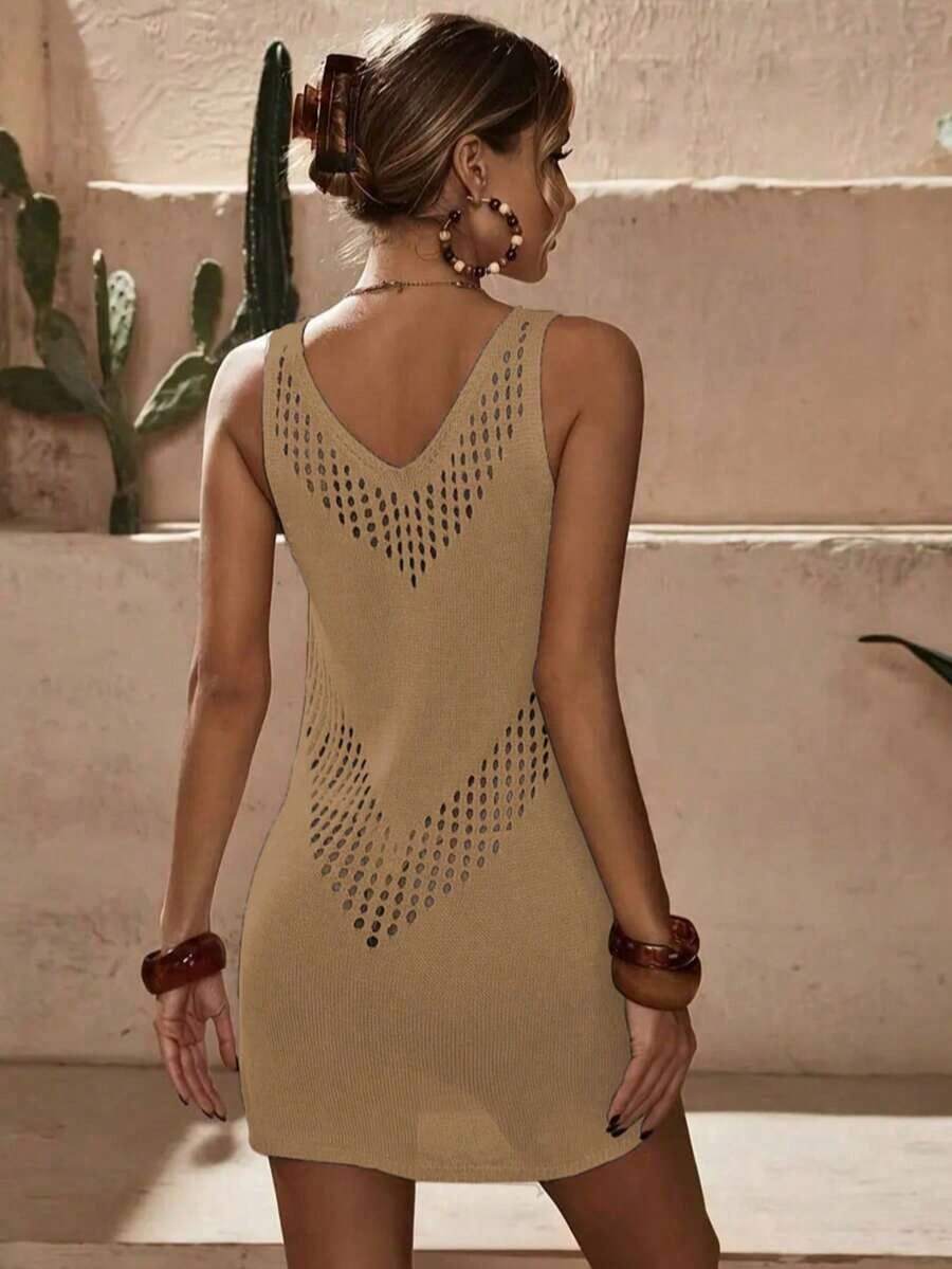 Vestido de cubierta tejido con diseño geométrico hueco, vestido de punto sin mangas para vacaciones de primavera y verano, vestido mini para la playa - Caqui - Ver 1