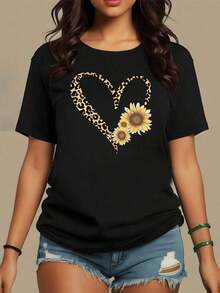 Leopard Print Heart Symbolizing Inner Strength, Combined With Sunflowers Representing Joy, Hope, And Love Of Life. Women's Casual, Modern, Comfortable T-Shirt For Everyday Wear - Vintage Street Style Unisex Loose Cotton Short Sleeve Crew Neck Shirt - 黑色 - 查看 7
