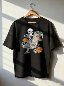 Halloween T-Shirt With Skeleton And Dinosaur Mummy, Fashionable Short-Sleeved T-Shirt For Spring And Summer 2026, Made In Mexico, 180 Grams. Cartoon Print, Couple Design, Suitable For Indoor Or Outdoor Wear. Crew Neck, Unisex, Ideal For Office And Leisure. One-Piece Pack. - BK-P631577SLNDXZGY564 - 查看 1