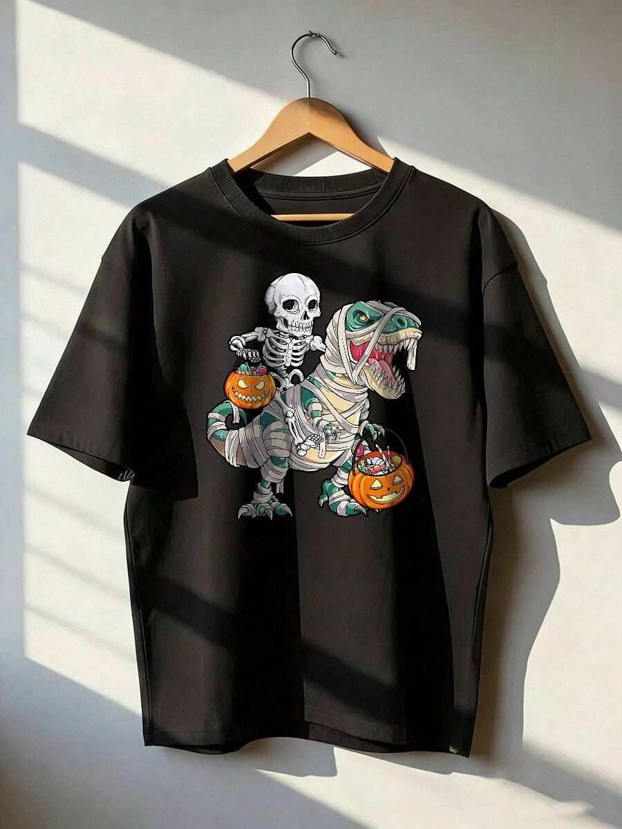Halloween T-Shirt With Skeleton And Dinosaur Mummy, Fashionable Short-Sleeved T-Shirt For Spring And Summer 2026, Made In Mexico, 180 Grams. Cartoon Print, Couple Design, Suitable For Indoor Or Outdoor Wear. Crew Neck, Unisex, Ideal For Office And Leisure. One-Piece Pack. - BK-P631577SLNDXZGY564 - 查看 1