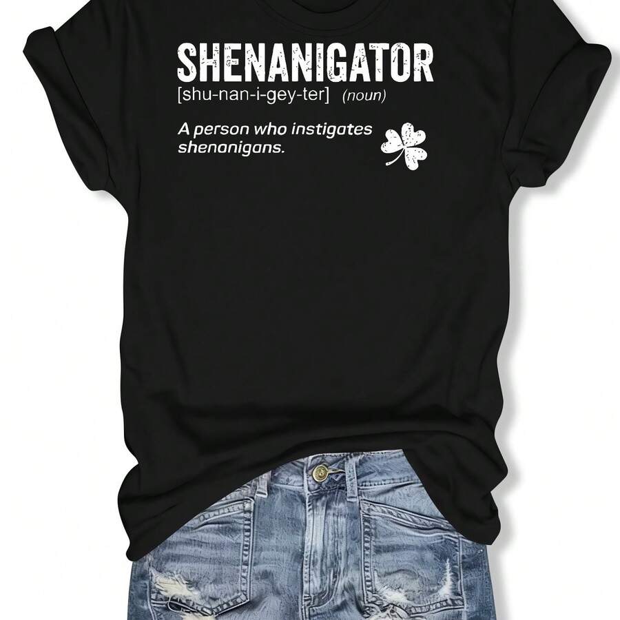 Women's Soft Blend T-Shirt, Ideal For Casual Wear And Layering, Phonetic Letter Print, Round Neck, Short Sleeve, Skin-Friendly Blouse For Everyday Wear, Sports, Machine Washable, Elegant Blouse Style - 黑色 - 查看 1