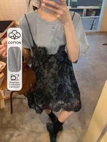 Vestido de mujer con parches de encaje sin mangas 2 en 1 con mangas cortas, vestidos de verano para mujeres - Gris - Ver 8