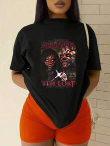 Graphic Inspired By A Famous Galactic Saga Depicting The Struggle Between Darkness And Light With A Powerful Warrior And A , Conveying Strength And Mystical Energy. Comfortable And Modern Casual Women's T-Shirt For Everyday Wear - 黑色 - 查看 2