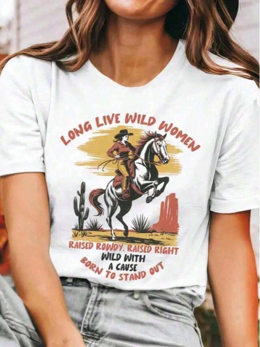 1 Piece "Long Live The Wild Woman" | Vintage Women's Rights T-Shirt, Western Grunge Cowgirl Style, Crew Neck With Resist Graphic Design, Freedom T-Shirts, 180g 100% Cotton - 白色 3 - 查看 1