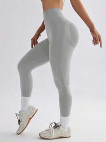 sin costuras de cintura alta de unicolor para uso diario, fitness y yoga para mujeres - Gris Claro 3 - Ver 4