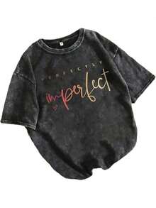 1 pieza de camiseta vintage lavada para mujer, corte holgado informal, suave y transpirable, un artículo esencial para el día a día y un elemento de moda universitaria. Lavable a máquina, resistente a las arrugas, fácil de cuidar - Camiseta de cuello redondo, estilo urbano |   Entrega Rápida Desde El Almacén 180g 100% Algodón - Negro - Ver 2