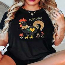 1 Piece, Classic And Versatile Pure Cotton Short-Sleeved T-Shirt, Suitable For Any Season, With A Distinctive Portuguese Rooster Heart Design For Women, Modern Style - Hitam - View 2
