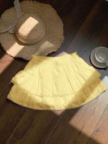 Falda  para mujer, de tela tejida a rayas con cintura elástica y dobladillo con volantes, adecuada para festivales de música country - Amarillo - Ver 3