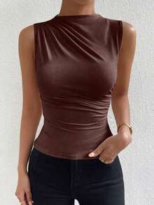 Blusa casual versátil con cuello alto y plisados para mujer - Marrón 2 - Ver 7