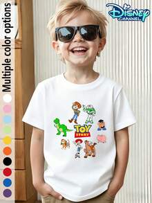 Toy Story All Characters Printed Crew Neck T-Shirt For Boys And Girls: Buzz Lightyear, Woody, Jessie, Strawberry Bear, Alien, Mr. Potato, Ham & Pig - Multi-Character Print Casual Short-Sleeve Top For Children, Disney IP Collaboration T-Shirt - trắng - Xem 2