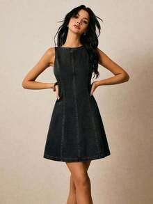 Vestido de mezclilla casual de mujer sin mangas, cuello redondo, espalda descubierta y con lazo - Negro - Ver 5
