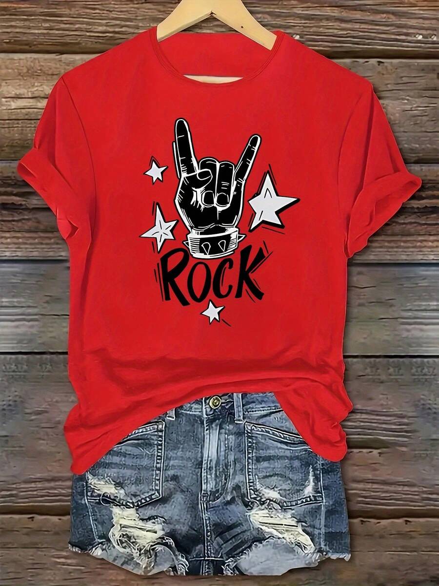 Fashionable Women's Sports T-Shirt With RO Letter Print And Rocker Gesture Design, Round Neck And Short Sleeve - 紅色 - 查看 1
