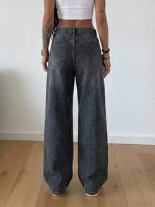 Casual Daily Wear Distressed Low Waist 90's Gray Denim Wide Leg Jean - Dark Wash - View 5