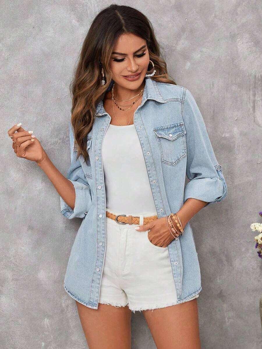Camisa vaquera casual con bolsillo vuelto y mangas enrollables - Lavado ligero - Ver 1