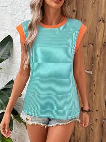 Camiseta casual de mujer con bloques de color y rayas, de verano - Multicolor - Ver 6