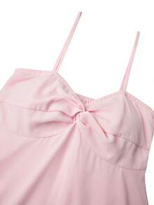 Women's Solid Color Spaghetti Strap Mini Dress, With Twist Bust Design And Ruffle Hem, Tie Back Elegant Pink - Pink - View 10