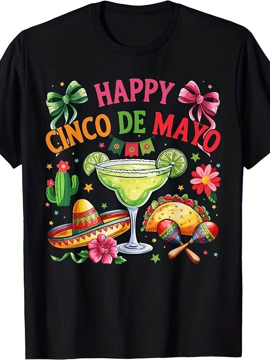 Camiseta Mexicana para Fiesta del Cinco de Mayo, Unisex, Cómoda, Cuello Redondo, Estilo Vintage, Perfecta para Entrenar, Correr y Atuendos Cotidianos. Mismo Estilo para Hombres y Mujeres. Camiseta Estampada de Manga Corta Verano 2026. Camiseta de Algodón, Moda Verano. - Negro - Ver 1