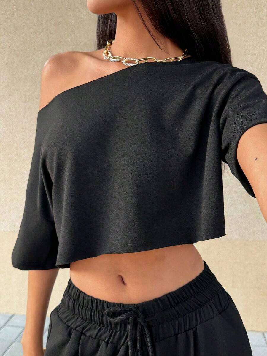 Top corto asimétrico de mujer con cuello blanco y flecos, camiseta de manga corta de moda versátil Y2K oversize y sexy, para primavera/verano - Negro 2 - Ver 1