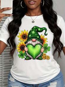 1 Piece St. Patrick's Day Gnome T-Shirt With Green Heart, Sunflowers And Shamrock, 180g 100% Cotton - 白色 - 查看 3
