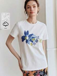 1 Piece Of Elegant Women's T-Shirt, 94% Cotton, Minimalist, Casual For Everyday Wear, Short Sleeve, Round Neck, Adorned With Sequin Embroidery, Black Color, 180g, 100% Cotton. - 白色 - 查看 12
