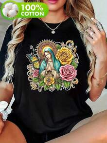 Elegant Round Neck T-Shirt For Plus Size Women - Soft And Stretchy Top With Virgin Mary Rose Pattern - Black Religious Theme T-Shirt For Everyday Wear And Special Occasions - Breathable Micro-Stretch Fabric With Geometric Pattern - 黑色 - 查看 1