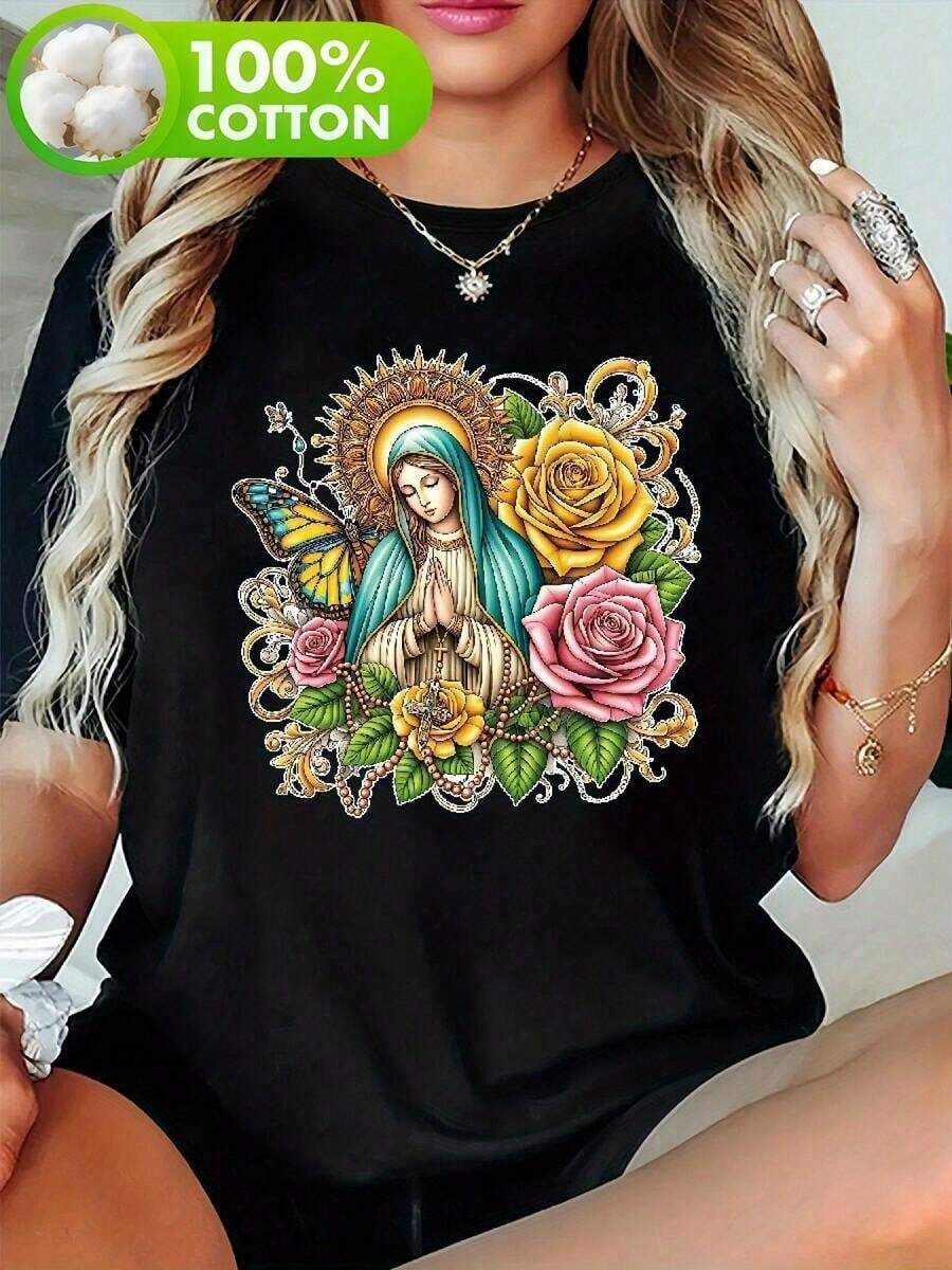 Elegant Round Neck T-Shirt For Plus Size Women - Soft And Stretchy Top With Virgin Mary Rose Pattern - Black Religious Theme T-Shirt For Everyday Wear And Special Occasions - Breathable Micro-Stretch Fabric With Geometric Pattern - 黑色 - 查看 1