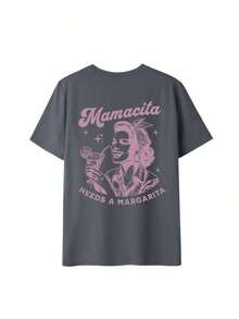 Camiseta de mujer de manga corta con cuello redondo y estampado de letras, casual, versátil, esencial para vacaciones y uso diario, fácil de lucir el estilo callejero rosa de verano - Gris Oscuro - Ver 3