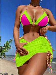 Nuevo traje de baño sexy de tres piezas con bikini de color contrastante para mujer. - Rosa Fucsia - Ver 11