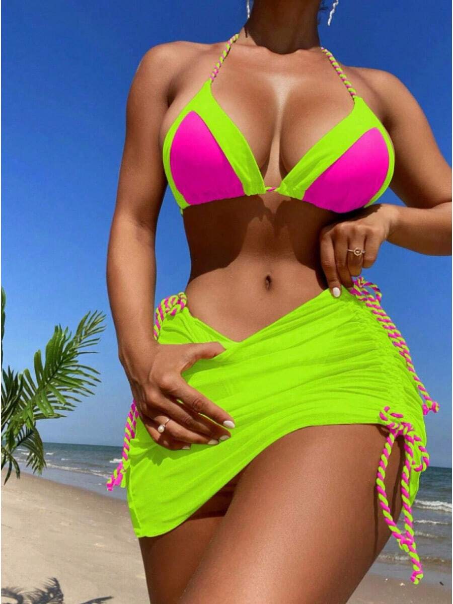 New Sexy Three-Piece Swimsuit With Contrasting Color Bikini For Women. - Fluorescent Green - View 1