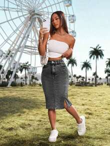 ICON Falda vaquera, falda de mezclilla para mujer, ajuste casual y delgado, falda lápiz de mezclilla, hasta la rodilla, elástica, azul - Negro - Ver 4