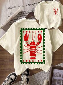 Camiseta de mujer de cuello redondo y manga corta con estampado de langosta, casual para salir en verano-Vintage Street Style Unisexoose Cotton Short Sleeve Crew Neck T-Shirt - albaricoque claro - Ver 1