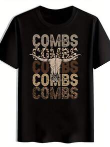 Camiseta negra para hombre con estampado de COMBS COMBS COMBS COMBS |   Camiseta Casual de Cuello Redondo con Estampado Blanco y Marrón, para Verano, Viajes, Playa y Ropa Casual, Camiseta de Uso Diario, Tela Resistente - Negro - Ver 1
