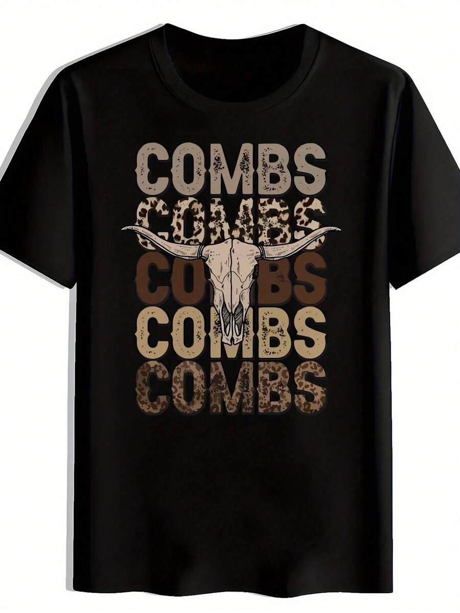 Camiseta negra para hombre con estampado de COMBS COMBS COMBS COMBS | Camiseta Casual de Cuello Redondo con Estampado Blanco y Marrón, para Verano, Viajes, Playa y Ropa Casual, Camiseta de Uso Diario, Tela Resistente - Negro - Ver 1