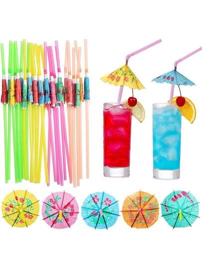 50pcs Umbrella Shaped Plastic Cocktail Straws - Assorted Colors Decorative Mini Umbrella Drink Straws, Suitable For Hawaiian Beach Cocktail Party Decoration