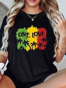 Palm Trees And The Colors Green, Yellow, And Red Symbolize Unity, Love, Freedom, And Positive Energy. Women's T-Shirt With The Message "One Love," 100% Cotton, Comfortable And Modern. - Black - View 1