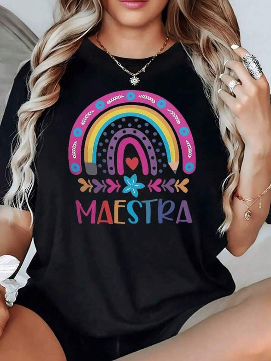 Vibrant Rainbow With Heart And Flowers Symbolizing Joy And Appreciation For Teachers. Women's T-Shirt, 100% Soft Cotton, 220g - 黑色 - 查看 1