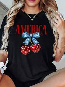 Red Cherries With Stars And A Blue Ribbon Represent The Cheerful American Spirit On This Comfortable And Stylish 100% Cotton Women's T-Shirt - 黑色 - 查看 1