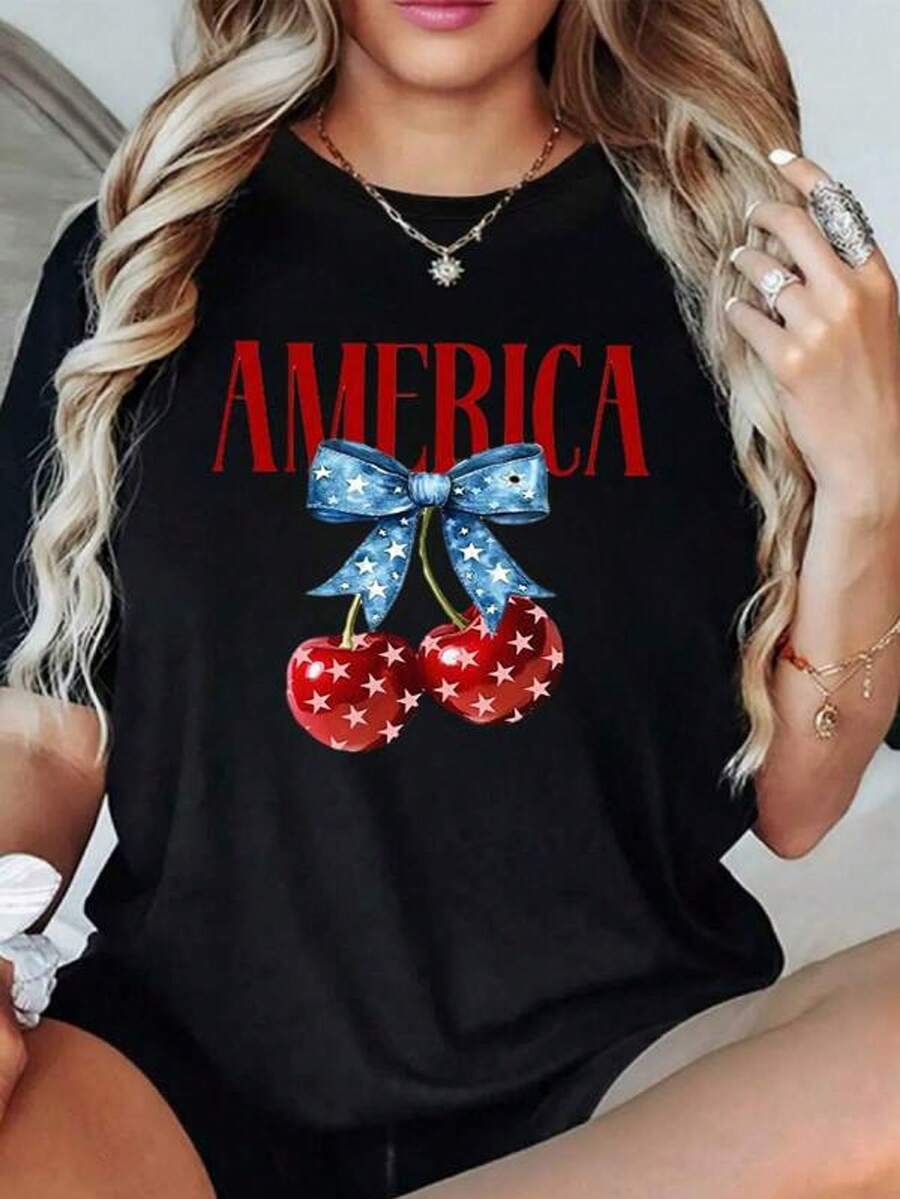 Red Cherries With Stars And A Blue Ribbon Represent The Cheerful American Spirit On This Comfortable And Stylish 100% Cotton Women's T-Shirt - 黑色 - 查看 1