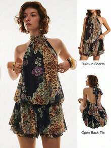 Vestido mini con estampado, con espalda descubierta y lazo delantero, estilo vacacional - Negro - Ver 12